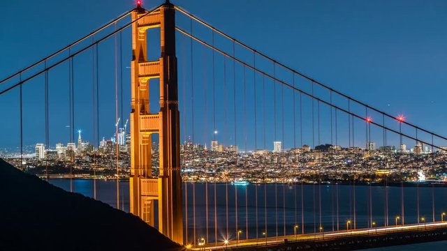 Timelapse of San Francisco Skyline thru Golden Gate Bridge at Night