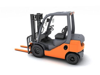 Rear perspective high angle view on the left side Idle forklift isolated on white background. 3d render.