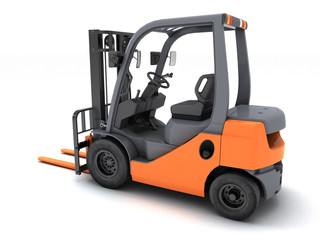 Rear perspective view the left side Idle forklift isolated on white background. 3d render.
