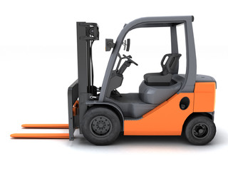 Idle forklift isolated on white background. Left side view. 3d render.