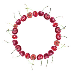 Ripe cherries painted with watercolor on white background. Botany illustration