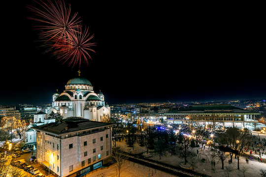Belgrade, Serbia - January 14, 2019: Orthodox New years eve celebration with fireworks over the Church of Saint Sava at midnight in Belgrade, Serbia