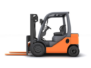 Idle forklift isolated on white background. Left side view. 3d render.