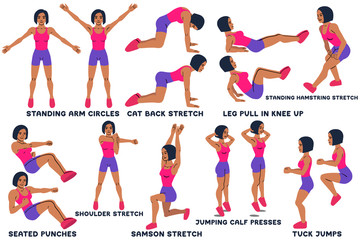 Standing arm circles. Cat back stretch. Leg pull in knee up. Standing hamsting stretch. Seated punches. Shoulder stretch. Samson stretch. Jumping calf press. Tuck jumps. Sport exersice.