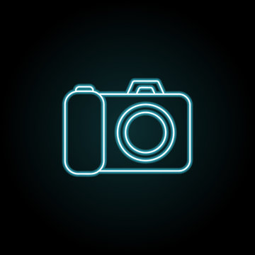 Photo camera icon in neon style. Simple thin line, outline vector of Amusement set icons for UI and UX, website or mobile application
