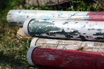 Multi colored image of show jumping poles at the show jumping arena. Wooden barriers for jumping...