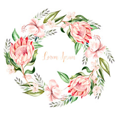 Watercolor tropical wreath with hibiscus flowers, eucalyptus leaves and protea flower. Illustration - obrazy, fototapety, plakaty