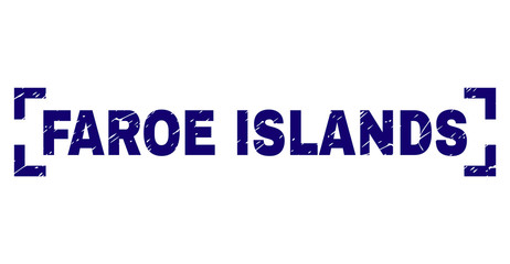 FAROE ISLANDS text seal print with corroded effect. Text caption is placed between corners. Blue vector rubber print of FAROE ISLANDS with scratched texture.