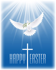 Happy Easter. White flying dove with olive branch and cross. Vector illustration.