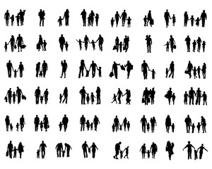 Black silhouettes of families in walk on a white background
