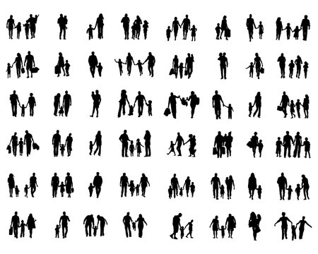 Black silhouettes of families in walk on a white background