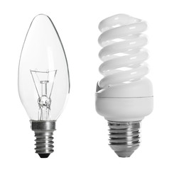 Set with different lamp bulbs on white background