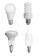 Set with different lamp bulbs on white background