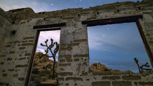 Astro Timelapse Tracking Shot Of Joshua Tree Thru Gold Rush Ruin