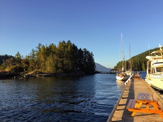 Boats docked on a peaceful evening on Alexander Island, which is in West Bay, Gambier Island, Howe...