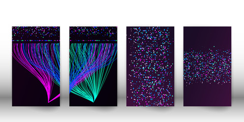 Big data visualization network. Cover set of futuristic infographics, 3d wave, virtual flow, digital sound, music. Vector abstract colorful big data information.