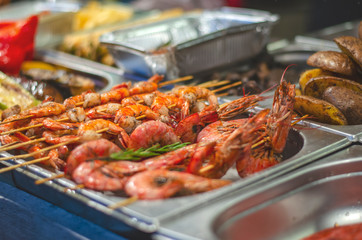 grilled prawns on grill.  street food