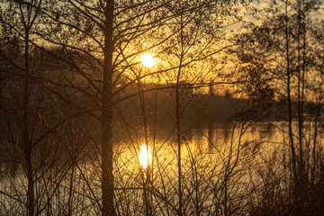Naklejka premium Sonnenuntergang zwischen Bäumen mit Fluss