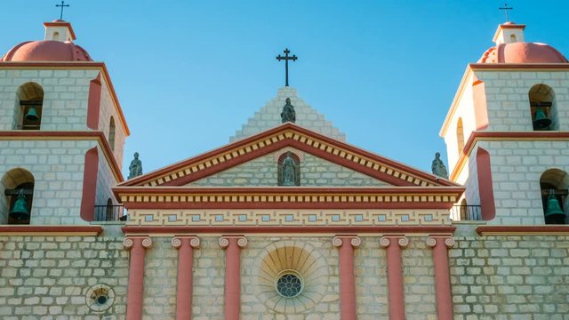 Timelapse of Tourists at Historic Church in Santa Barbra -Long Shot-