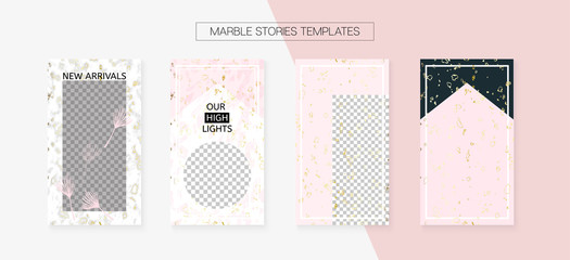 Stories Template Cool SMM Vector Layout. Social Media Blogger Cards Set. Textured Apps Design Pack. Minimal App Kit, Pink White Gold Rich VIP Geometric Marble Patterns. Stories Template VIP Layout.