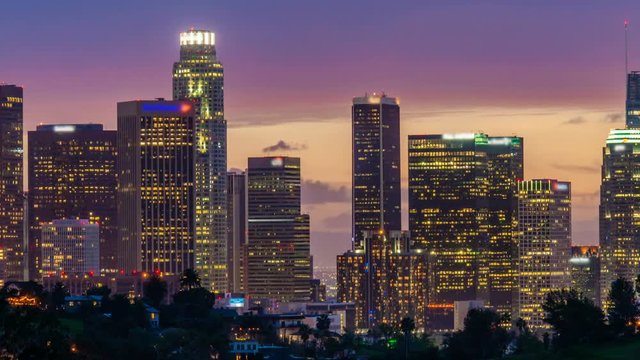 Timelapse of Golden to Blue Hour at Downtown LA -Pan Left-