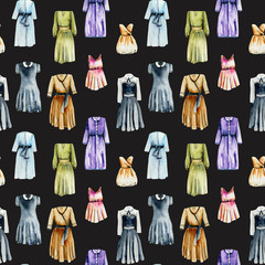 Seamless pattern with watercolor women's dresses 