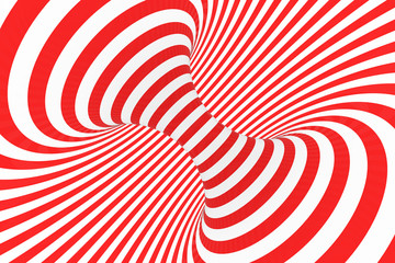 Swirl optical 3D illusion raster illustration. Contrast red and white spiral stripes. Geometric torus image with lines, loops.