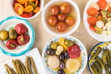 Variety of pickled vegetables.