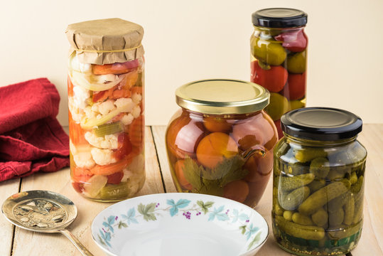 Variety of pickled vegetables.