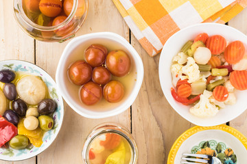Variety of pickled vegetables.