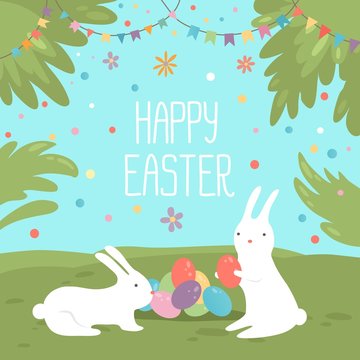 Happy Easter greeting card. Vector illustration with colorful flowers, eggs and rabbits. Isolated on sunny blue sky green landscape background.