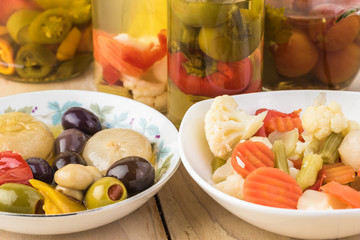 Variety of pickled vegetables.