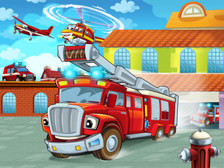 cartoon firetruck driving out of fire station to action - different fireman vehicles - illustration for children