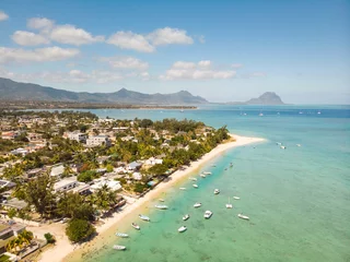 Fotobehang Le Morne, Mauritius Top down aerial view of tropical beach of Black River, Mauritius island. Famous Le Morne mountain in background.