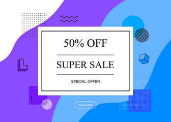 Super sale 50 OFF promo coupon. Special offer. Promo flyer design template with Minimal and Abstract Geometric Background. Modern vector illustration