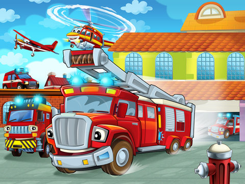 cartoon firetruck driving out of fire station to action - different fireman vehicles - illustration for children
