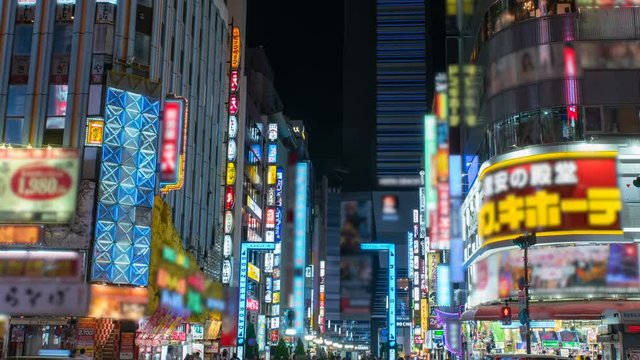 Timelapse of Neon Street at Night in Downtown Shinjuku -Tilt Down-