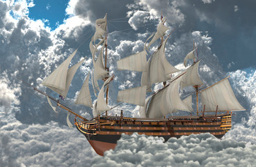 Fototapeta na wymiar Sailboat flying above the clouds 3d illustration
