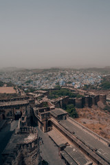 Mehrangarh Fort above the blue city of Jodhpur in Rajasthan, India