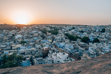 Mehrangarh Fort with the blue city of Jodhpur, Rajasthan, India in the front