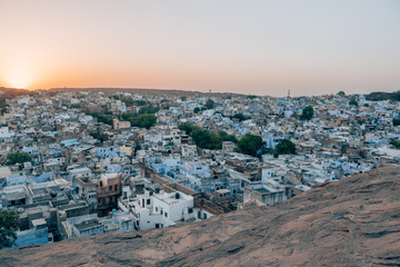 Mehrangarh Fort with the blue city of Jodhpur, Rajasthan, India in the front