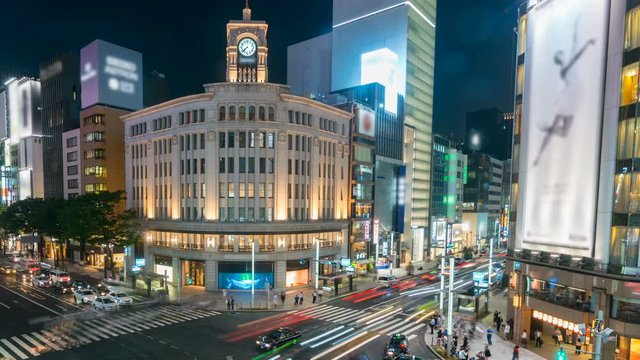 Timelapse of Ginza Crosswalk at Night in Tokyo -Pan Left-