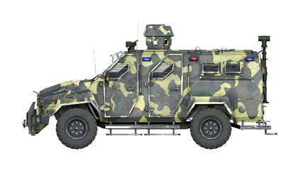 Fototapeta premium Armored SUV truck, bulletproof army vehicle, camo military car isolated on white background, side view, 3D rendering