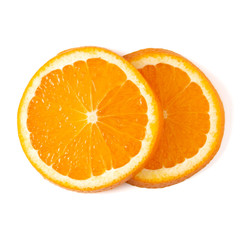 Orange fruit slice  isolated on white background closeup. Food background. Flat lay, top view.