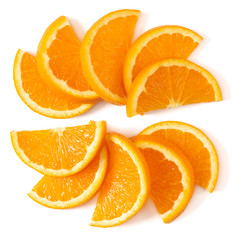 Orange fruit slice layout isolated on white background closeup. Food background. Flat lay, top view.