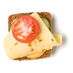 Open faced sandwich crostini isolated on white background closeup. Vegetarian canape with cheese. Top view. Flat lay. Appetizer tartarine.