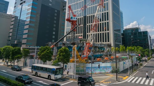 Timelapse of Construction Site at Business District in Tokyo -Tilt Up-