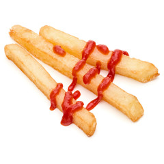 French Fried Potatoes with ketchup isolated on white background