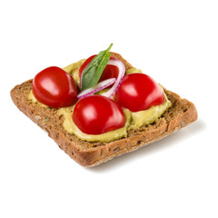 Open faced sandwich crostini isolated on white background closeup. Vegetarian canape with tomato. Appetizer tartarine.