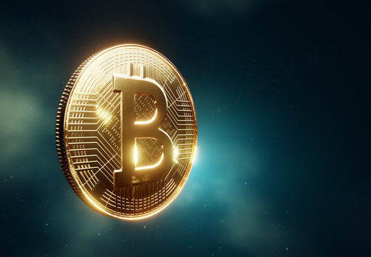 Bitcoin coin visualization, side view in a cloudy space, 3D illustration